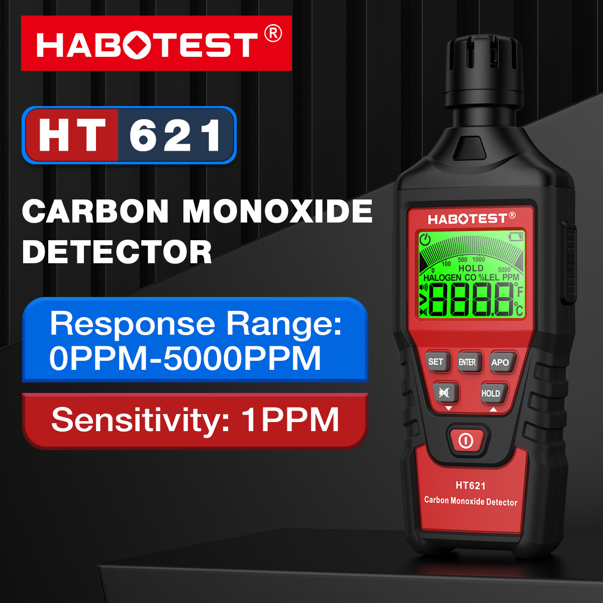 HT621 Carbon Monoxide Detector Alarm New Photoelectric Sensor Professional High Precision CO Gas Tester LCD Display