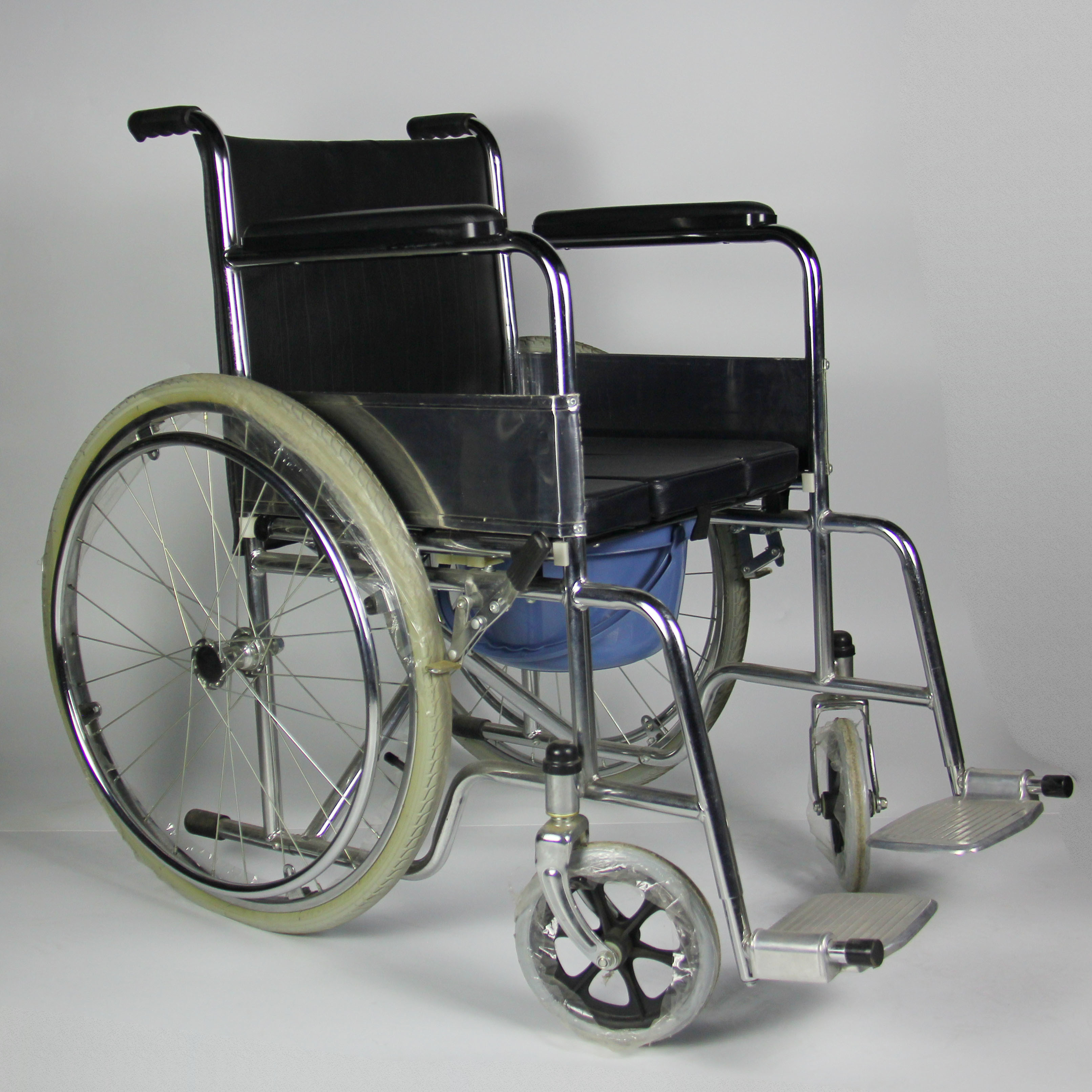 2 In 1 Folding Steel Wheelchair With Removable Seat Cushion Toilet Bowl Multipurpose Commode Chair