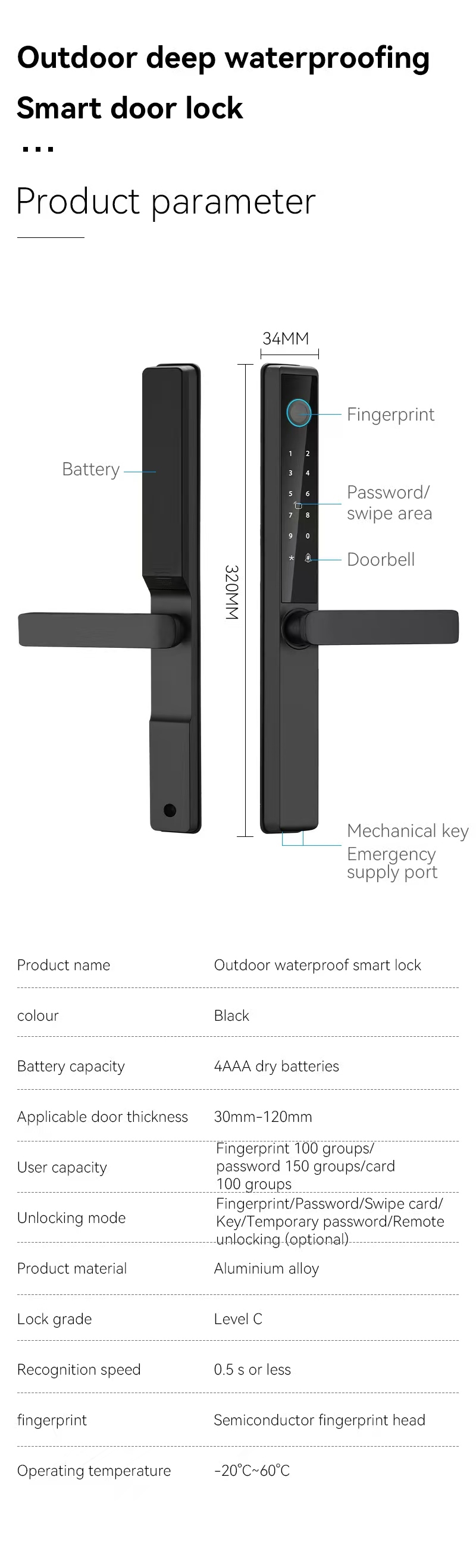 S960 Waterproof IP65 Digital Door Lock Tuya door lock TTlock Framed Glass Password Key Card Fingerprint Smart Home Door Lock