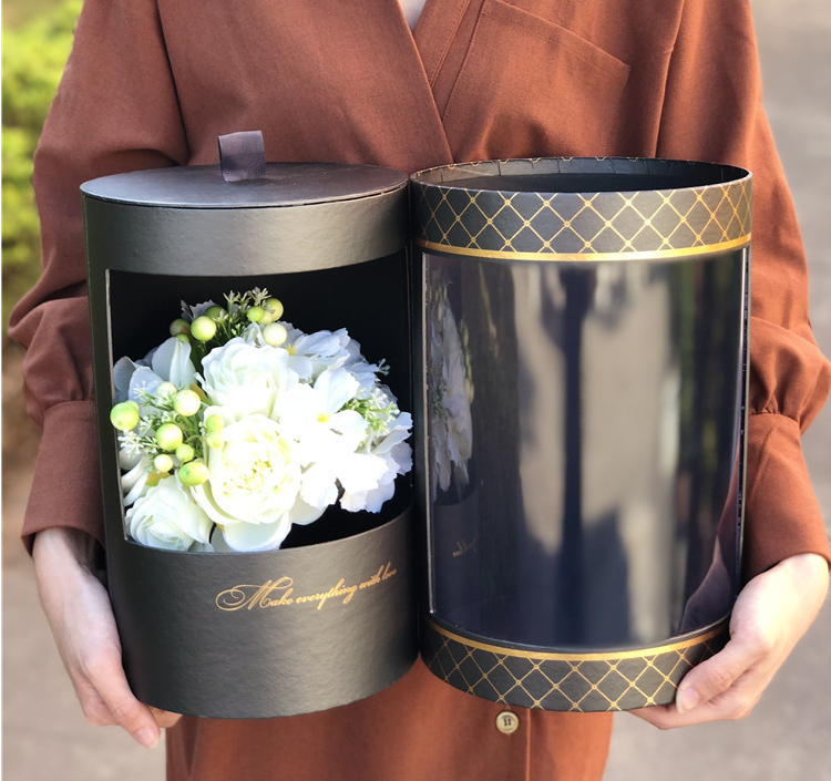 Custom Luxury Clear Window Transparent Paper Round Cylinder Shape Wedding Flower Boxes