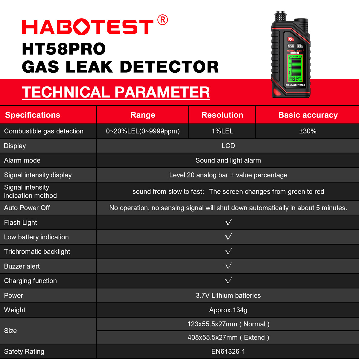 HT58PRO Gas Leak Detector Gas High Precision Gas Sensor Sensitive Sensor Portable Combustible Gas Detector