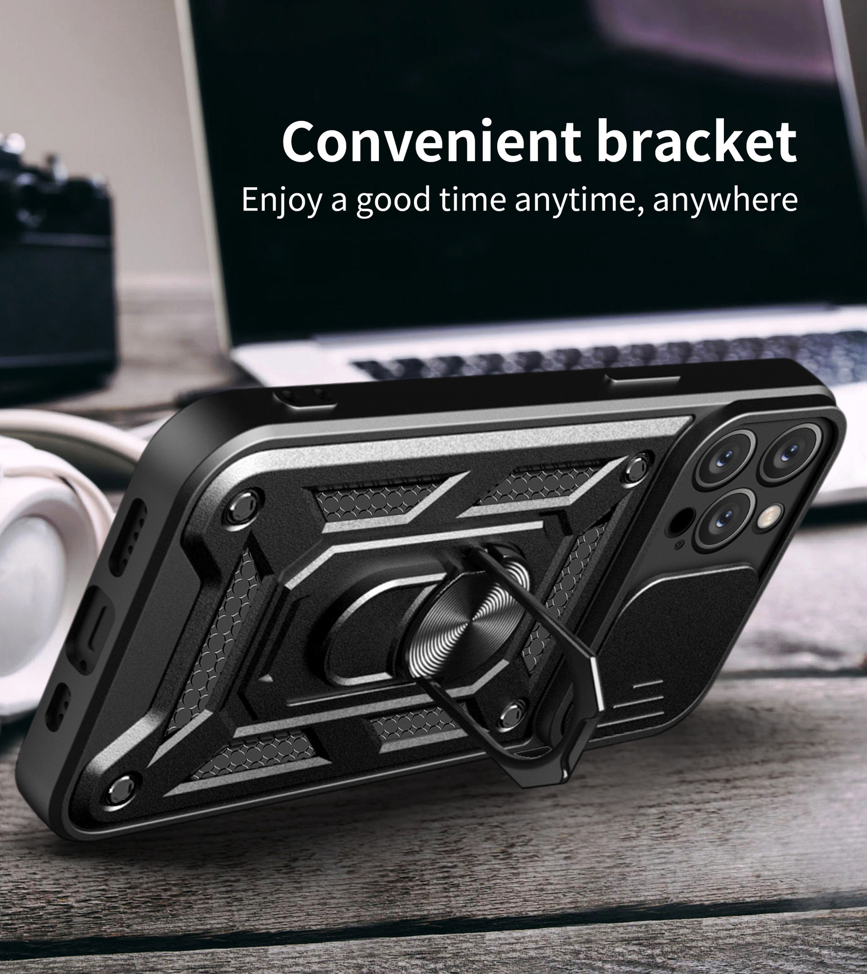 iPhone TPU Camera Protection Mobile Back Cover Hybrid Shockproof Kickstand Ring Phone Case