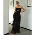 Black Strapless Sweetheart Neck Sheer Mesh Ruffle Tier Maxi Dress Women'S Maxi