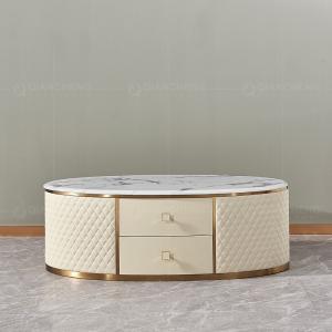 Wholesale Beige Coffee Dining Table With 2 Drawers 20mm Faux Marble On Top Golden Stainless Steel Legs from china suppliers