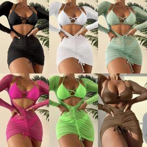 Wholesale Openwork Three Piece Swimwear Gauze 3 Piece Swimsuit Set Dress Sexy Bikini from china suppliers