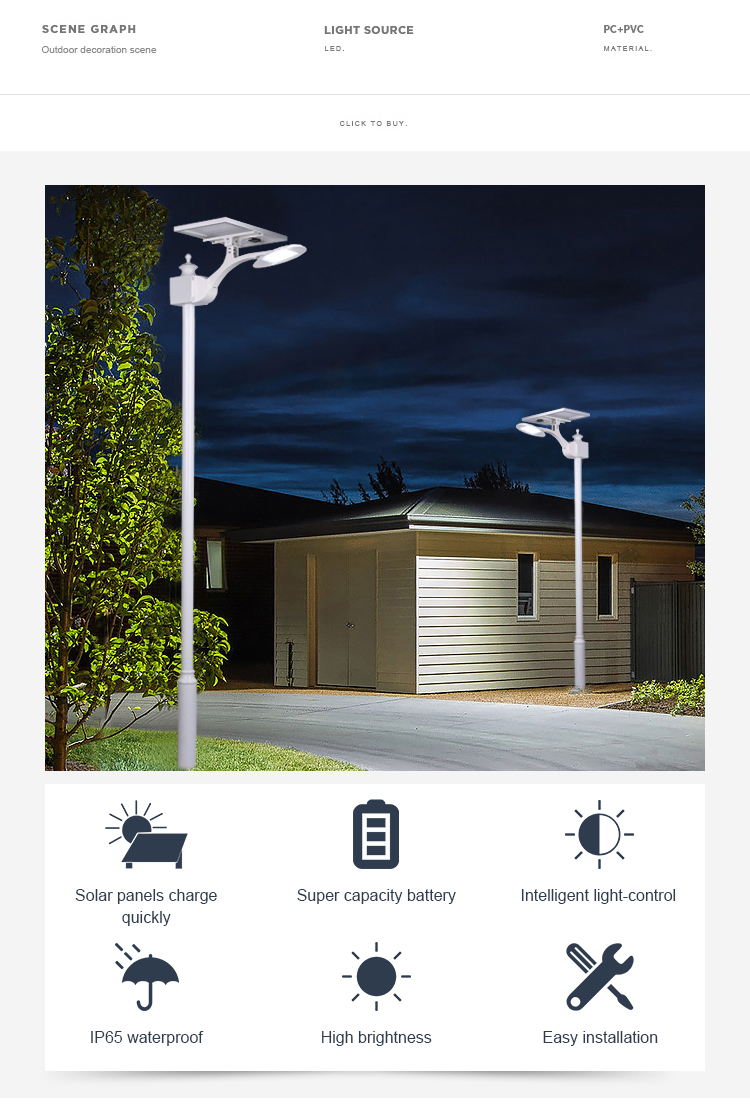 Light Control LED Road Outdoor Solar Street Light 3.2V 20000mAh Quick Charging