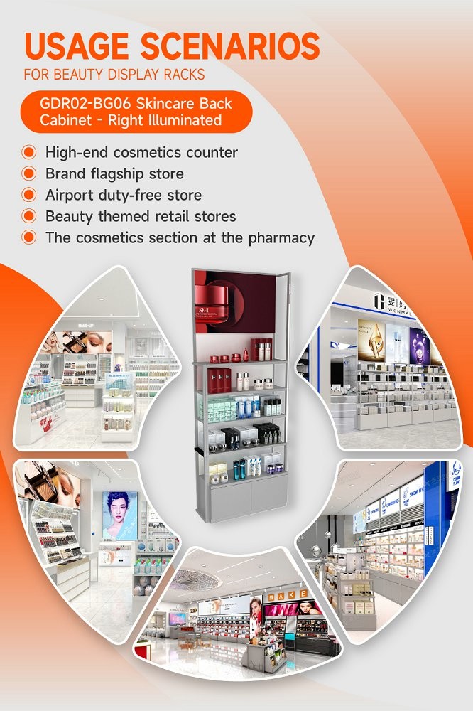 GDR02-BG06 Right Illuminated Skincare Display Cabinet with 60mm Soft Film Light Box and Laser Engraved Brand Logo for Fashion Boutiques