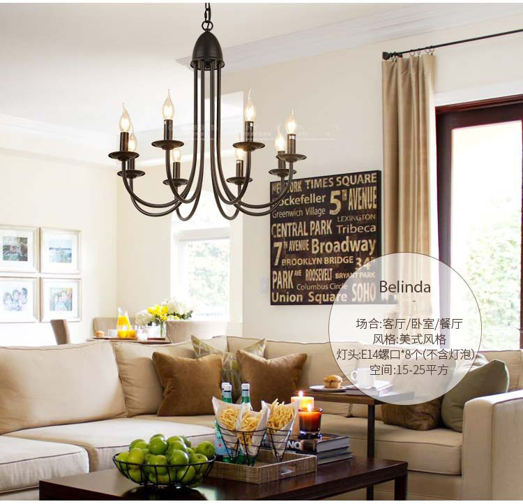 American Chandelier Iron Art E14 Candle Living Room Lamp Simple Restaurant Lamp(WH-CI-151)