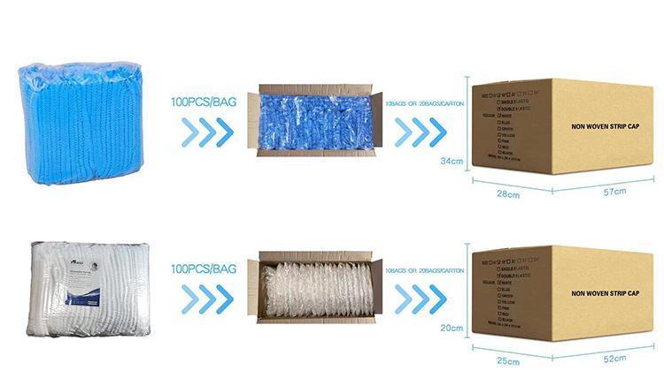 18&quot; Inches 10GSM Black Colour Disposable Non Woven PP Clip Strip Bouffant Hairnet Mob Cap with One Single or Double Elastic 100PCS/Bag 1000PCS/Carton