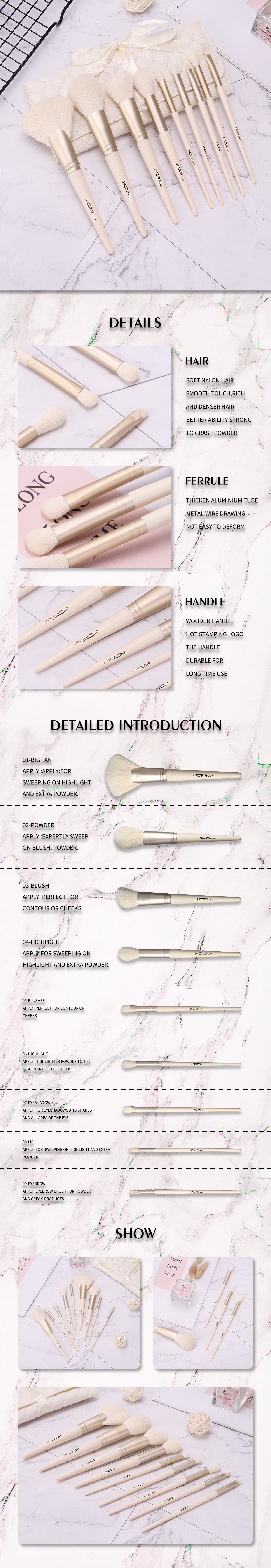 9pcs White Natural Hair Makeup Brush With Cosmetic Bag
