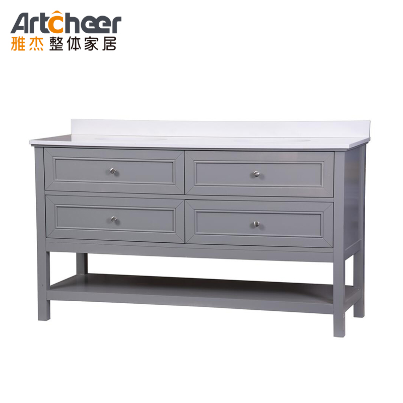 Solid Wood Legs Bathroom Vanity Cabinet with Double Sink and 4 Drawers in Modern Design