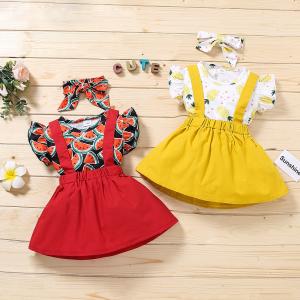 Wholesale 80cm Fruit Print Summer High Waist Suspender Skirt With Suspenders Attached from china suppliers