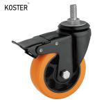 75mm Orange PU Industrial Trolley Furniture Screw Swivel Caster Wheel with Brake