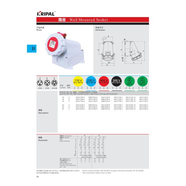 Dustproof IP67 230V 16A Industrial Wall Mounted Socket IEC Standard