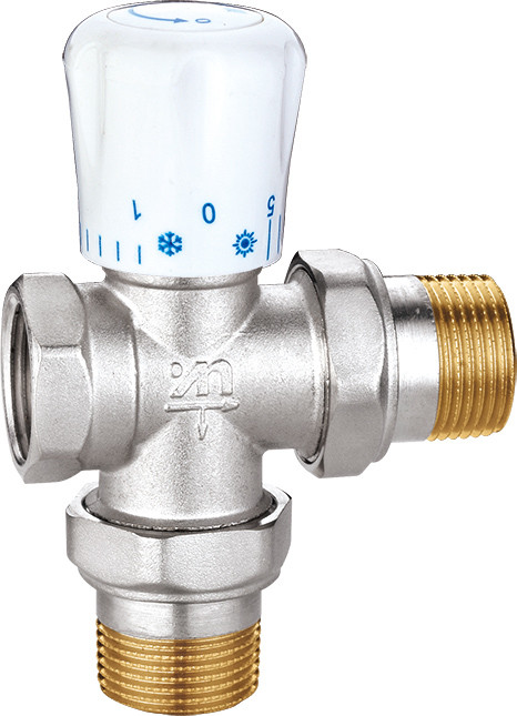 4507 Manually Tuned 3-Way Brass TRV Manifold Valve DN20 DN25 Nickel Plated w/ Female Threads End x Flexible Male Nipples