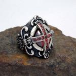 Men's Vintage Old Silver Plated Titanium Stainless Steel Ring Red Cubic Zircon