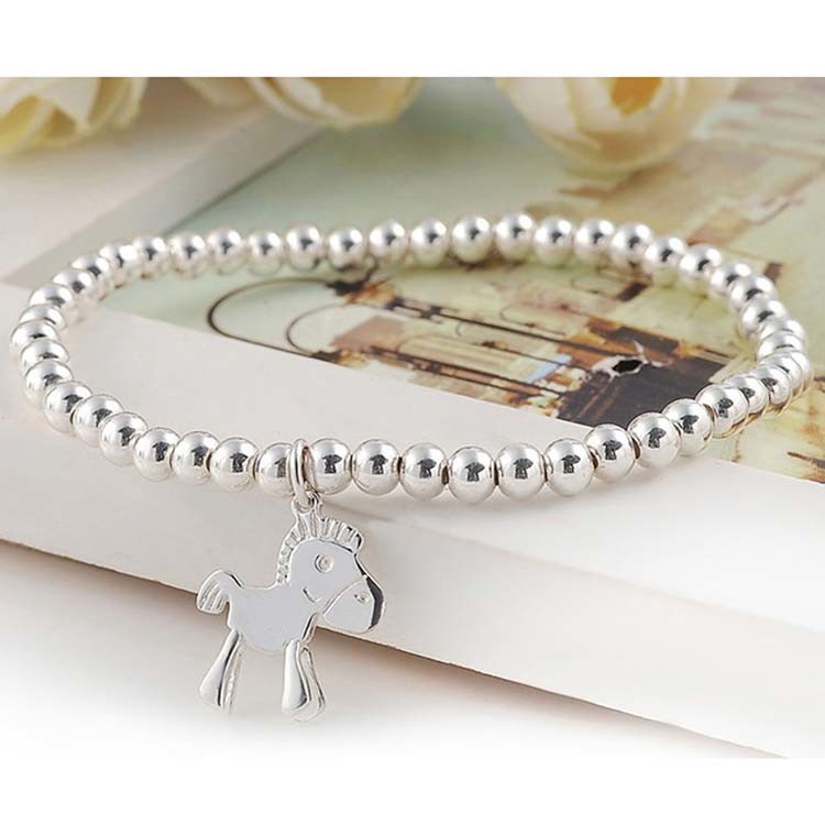 5mm Sterling Silver Beads Bracelet with 925 Silver Horse Charm 6.5 inches (B120704)