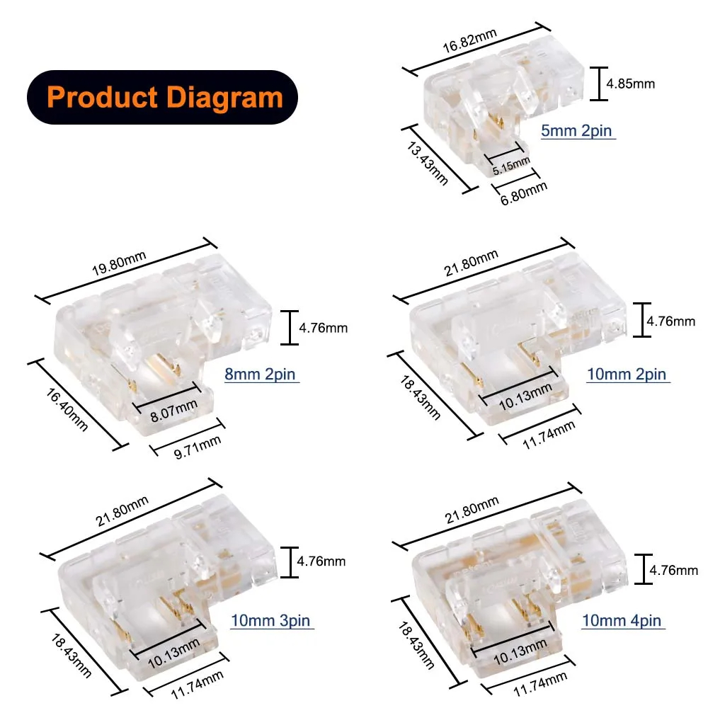 90 Degree L Shape Crystal Buckle for COB LED Strip Connector Seamless 2/3pin 5/8/10mm