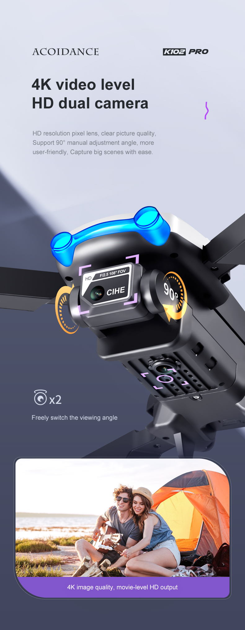Plastic Quadcopter Drone K102 Pro Long Battery Life Smart Follow and Obstacle Avoidance for Safe Flying