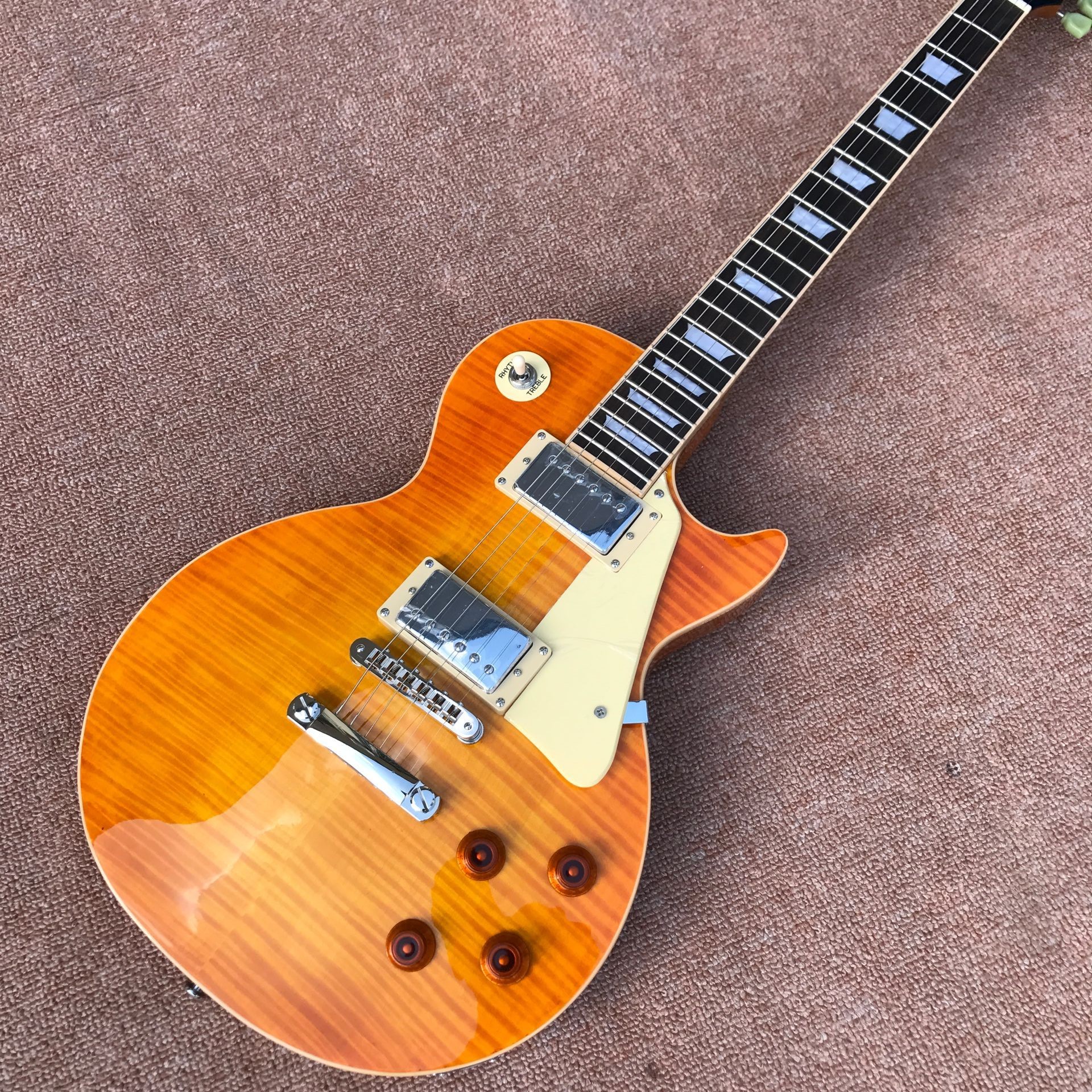Custom one piece Neck one piece body electric guitar, Upgrade Tune-o-Matic bridge guitar Tiger Flame standard guitar