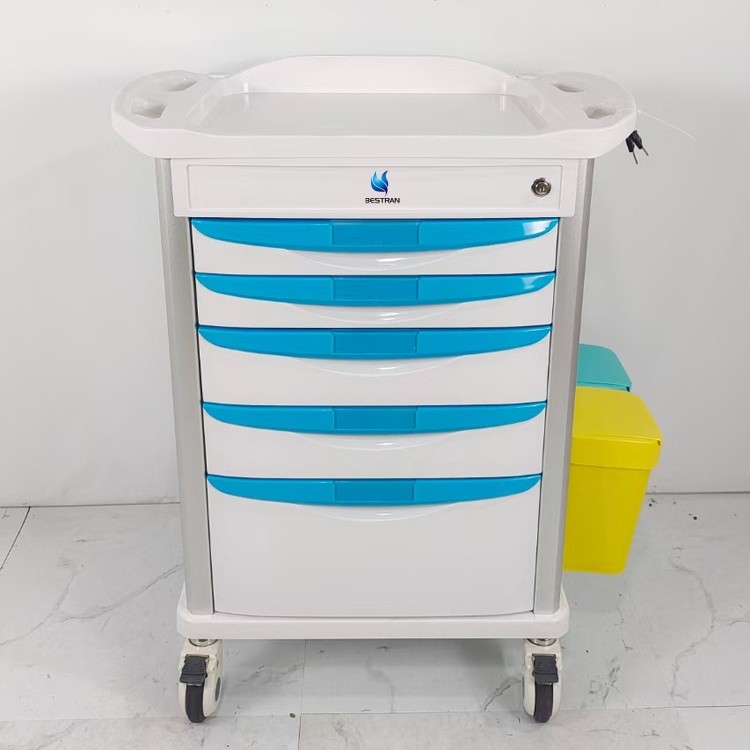 4 Drawers ABS Emergency Medical Trolley With Defibrillator Shelf Oxygen Tank Holder