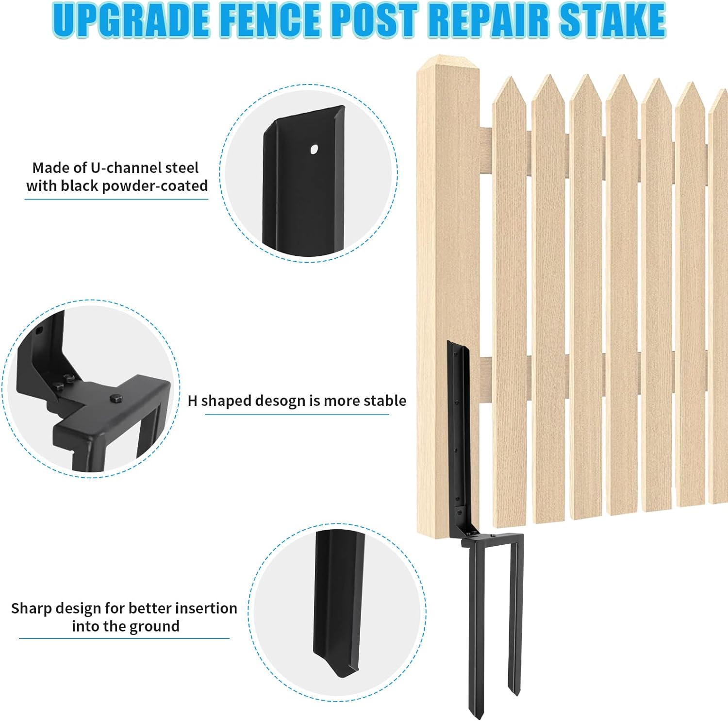 2 Pcs Double Ground Spike Fence Post Anchor for Tilted/Broken Wood Fence Post Repair