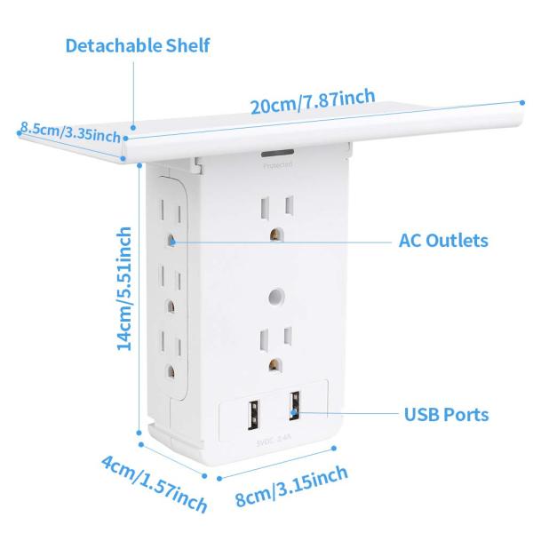 Wall Power Socket with Surge Protector ETL cETL Passed 6 Outlets 2USB