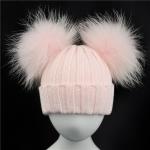 Winter Knitted Real Fur Girls Pom Pom Beanie Hat 100% Acrylic Wool Keep Warm