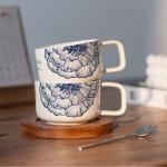 Floral Blue Ceramic Coffee Cup And Wooden Saucer Porcelain Kaffeetasse With Wood