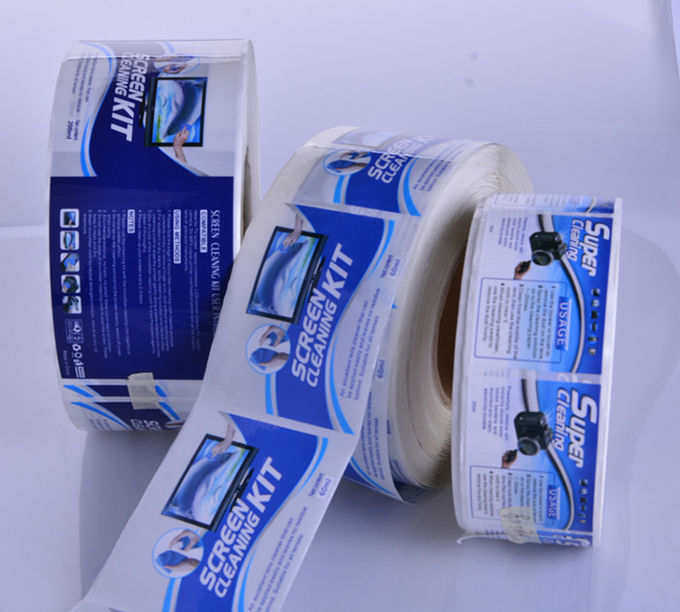 Screen cleaning kit packaging glossy vinyl sticker labels rolls printing manufacturer