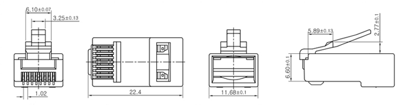 modular plug 8p8c 2pcs cat6 unshielded round 8-position crystal head Dimensional Structure