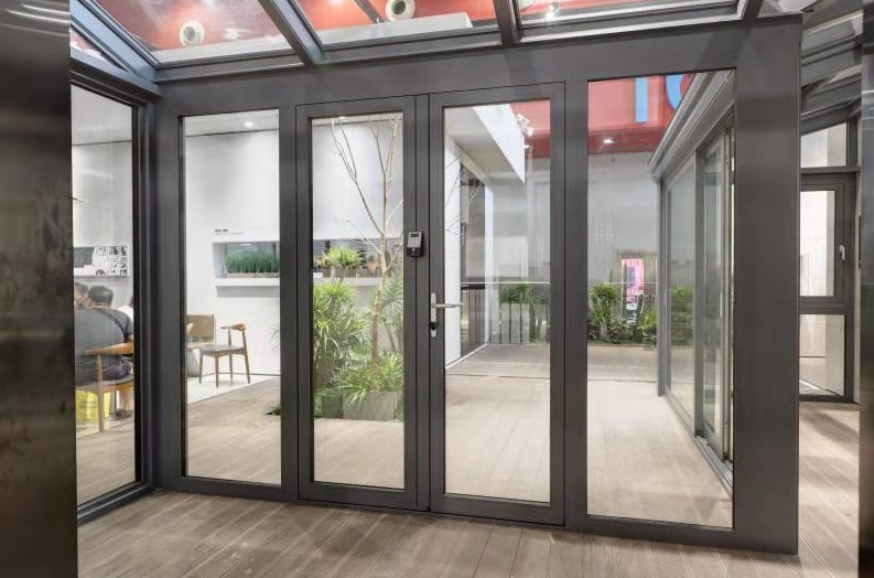 6063 Aluminium Casement Doors Double Hollow Glass Grill With Retro Gold Handle