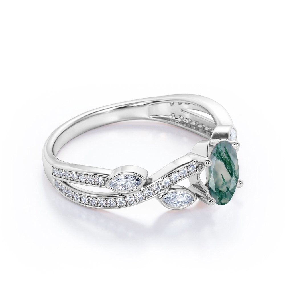 Crossover Over Shaped Opaque Milky Moss Green Agate Engagement Ring In 18K Filigree Engagement Ring