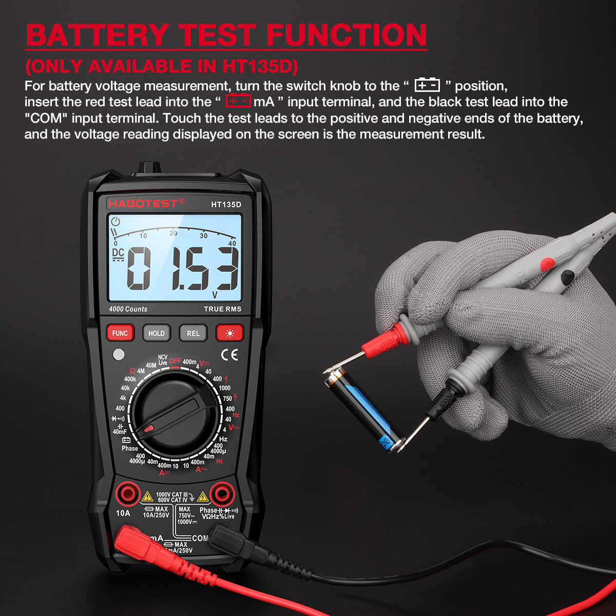 HABOTEST HT135 Digital Multimeter 1000V 10A 4000 Counts AC/DC Transistor Tester Electrical NCV Test Meter Profesional Multimetr