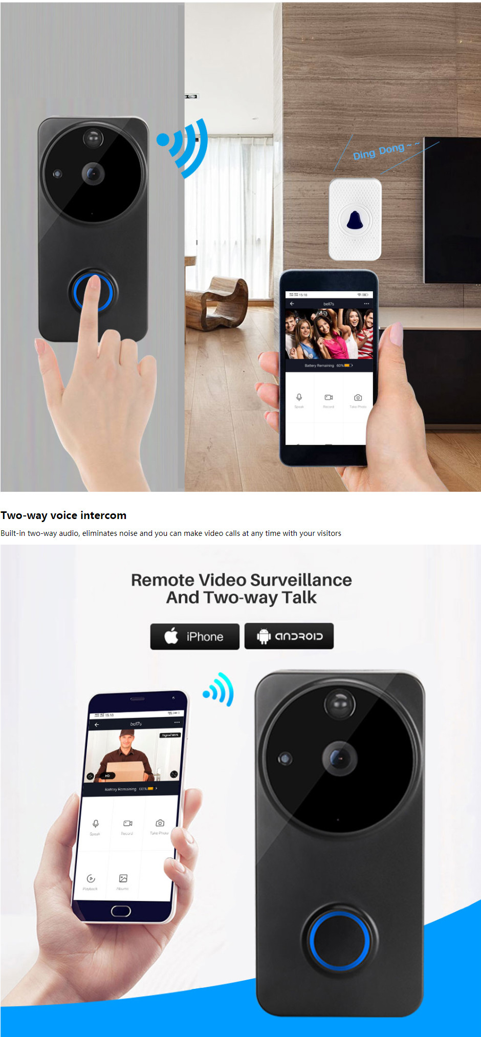 ABS Smart Home Wireless Doorbell 1080P Smart Camera Doorbell 2-Way Motion Detector