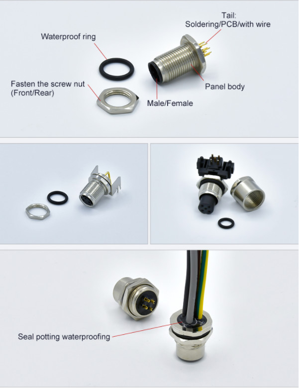 Waterproof 4pin 5pin Female M12 Panel Mounting Socket With Wire Terminal Connector