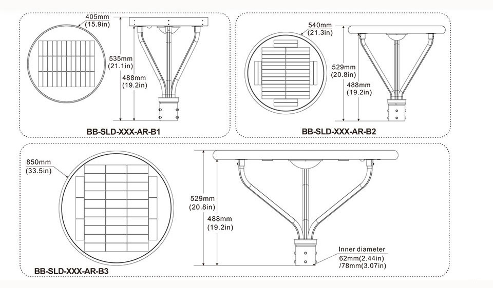 solar powered led post light dimension 15W 20W 25W 50W 80W 100W