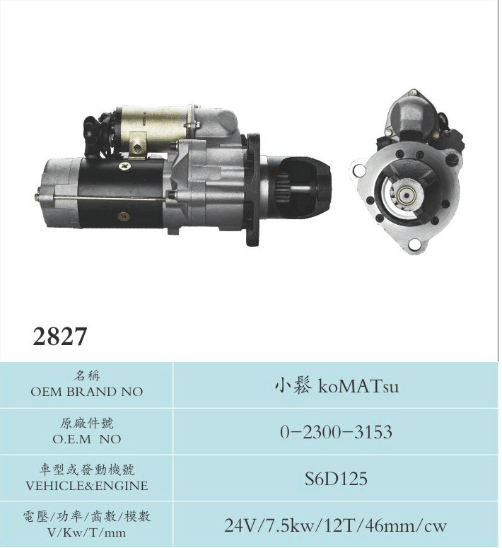 Komatsu Engine Parts Nikko Starter Motor 0-2300-3153 With Long Service Life / CW Rotation S6D125