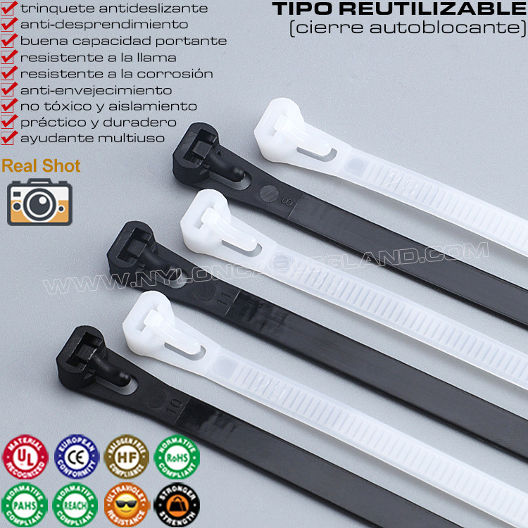 Plastic Loosable Cable Tie 7.6x200mm, Polyamide (Nylon) 66, 94V-2 Reusable Cable Tie (50lbs) for Wire Management