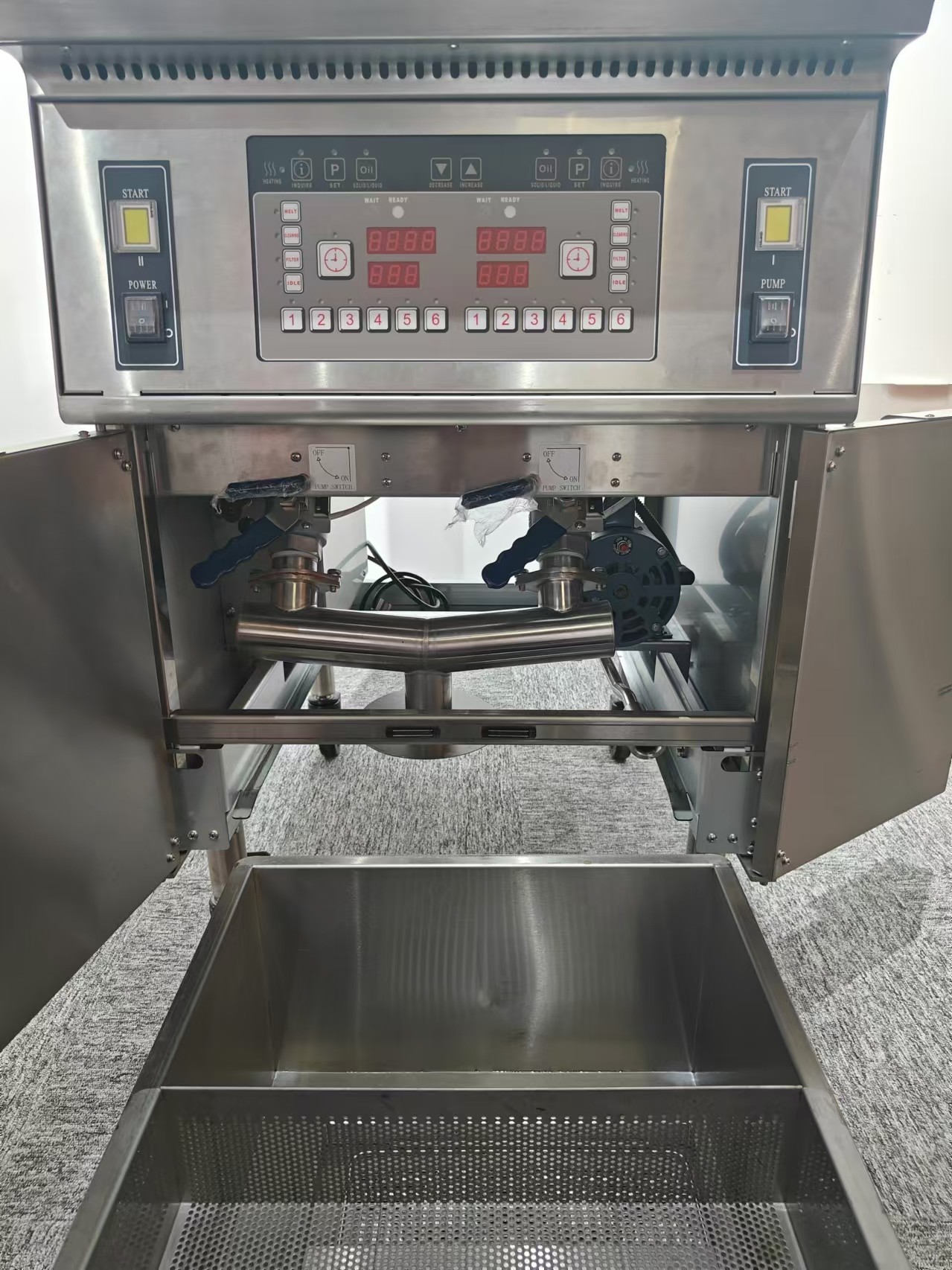 electric two pots 3 baskets 21.5L+11.6L with oil filter system chips open deep fryer
