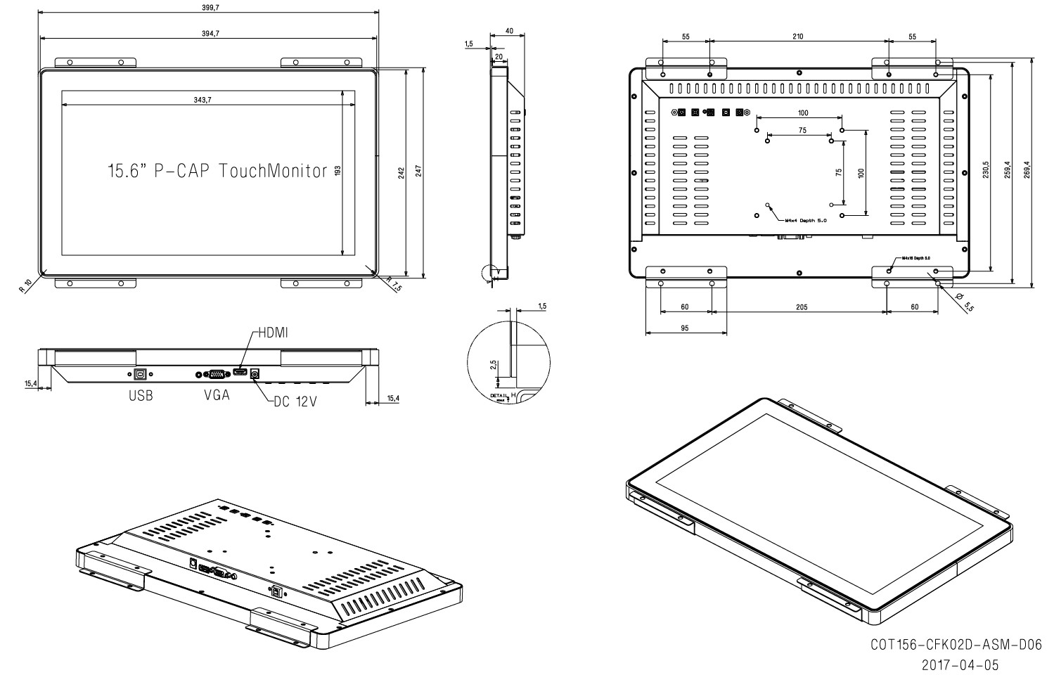10Points Multi Touch PCAP Touch Monitor 15.6 Inch Response Time 8MS