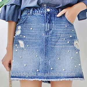 Wholesale Custom Women A LINE Damaged Denim Skirt With Pearls And Frayed Hem from china suppliers