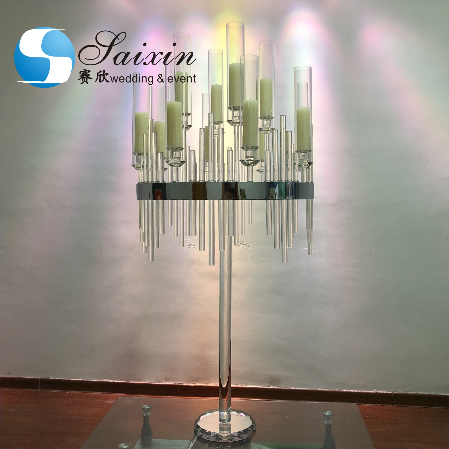 Saixin custom black metal frame with hanging chandelier candle holder for wedding tables centerpiece