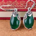 Retro Jewelry Thailand Silver with Marcasite and Green Agate Earrings