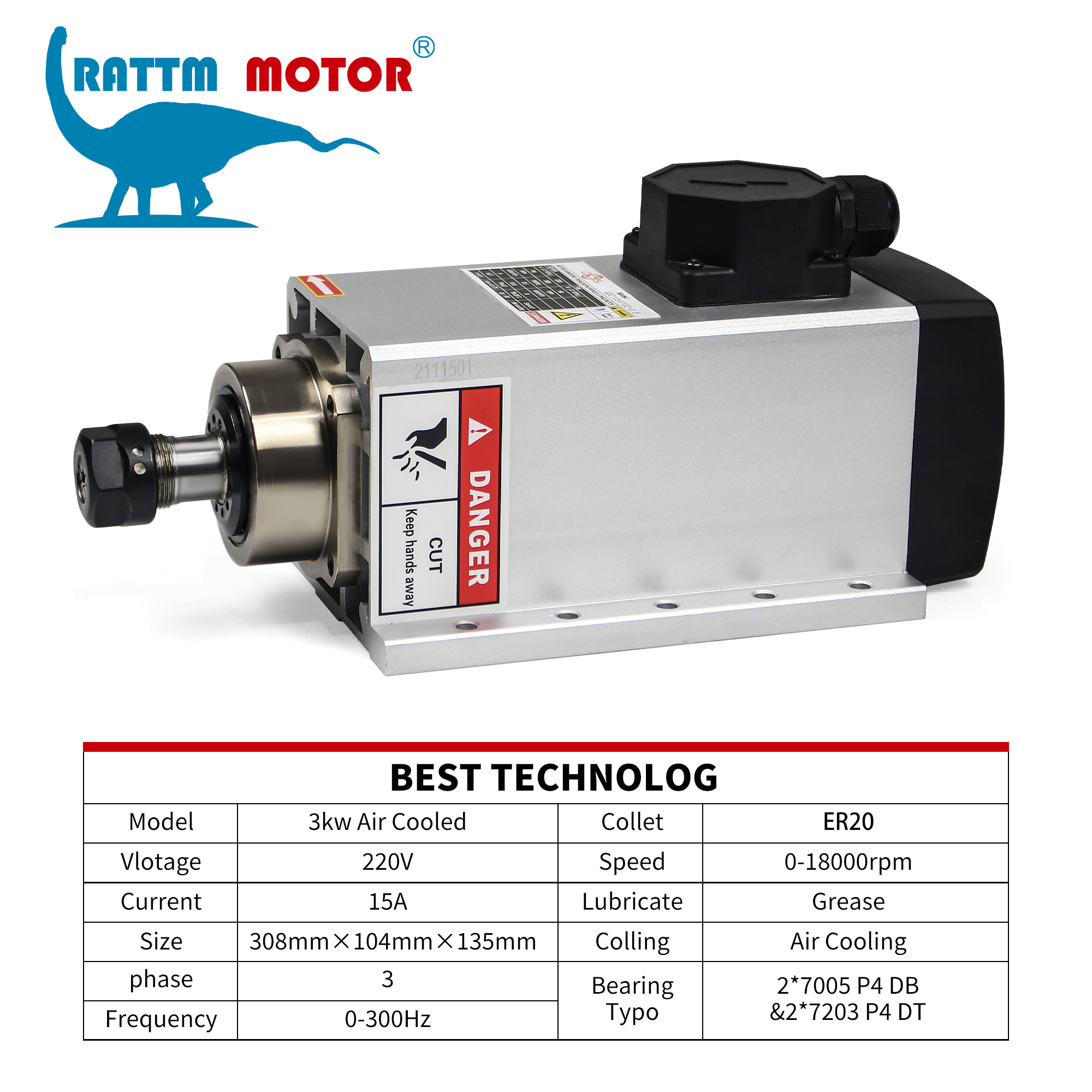 3KW Square Air Cooling Spindle Motor 3000w For CNC Engraving Milling