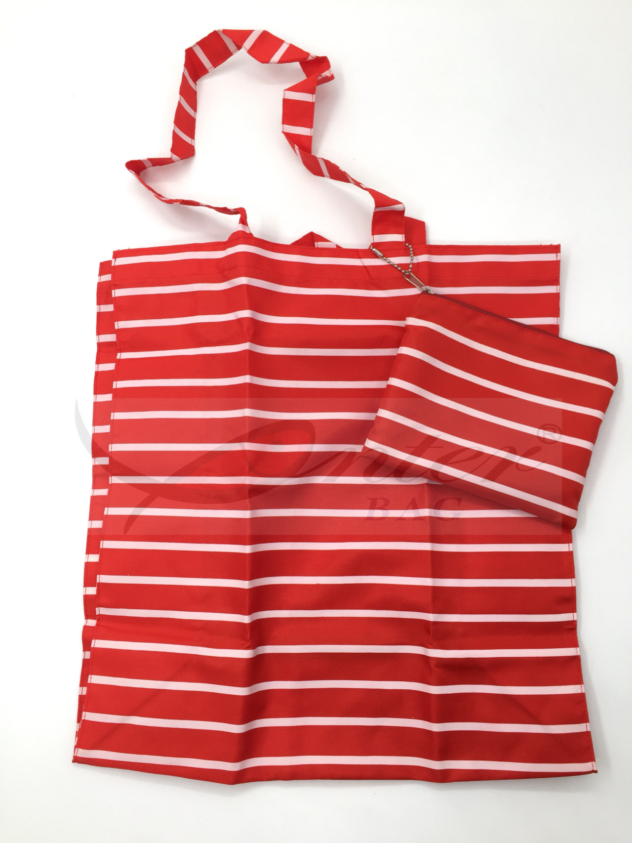 Red Stripe Polyester Reusable Shopping Bags With Pouch OEM / ODM Available