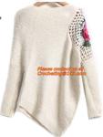Crochet,Women Long Sleeve Mint Pink Pullover Crochet Hollow Knitwear O-neck