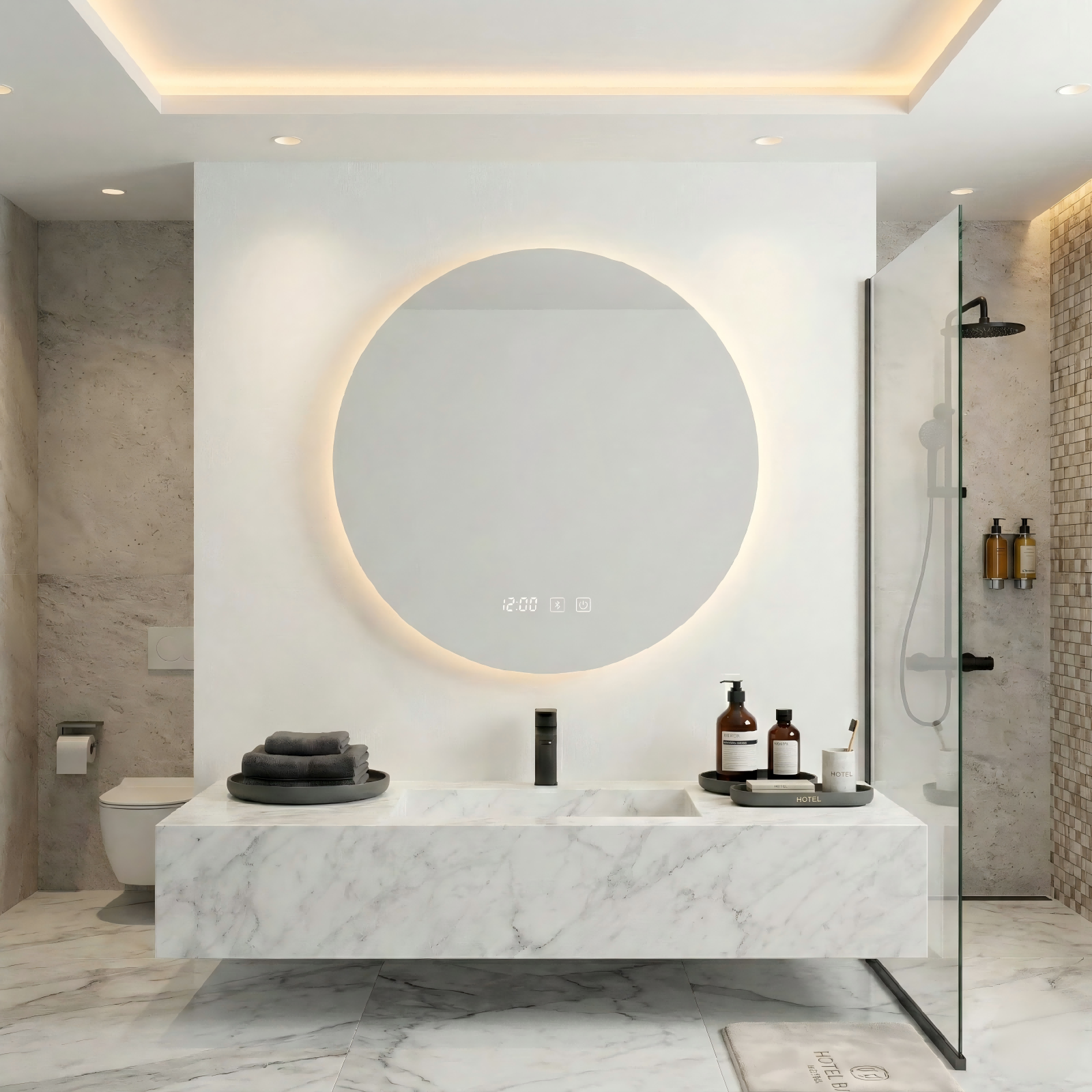 Kingstin Round Frameless LED Bathroom Mirror Backlit Anti-Fog Vanity Mirror with 3-Color Light Time Display Touch Control