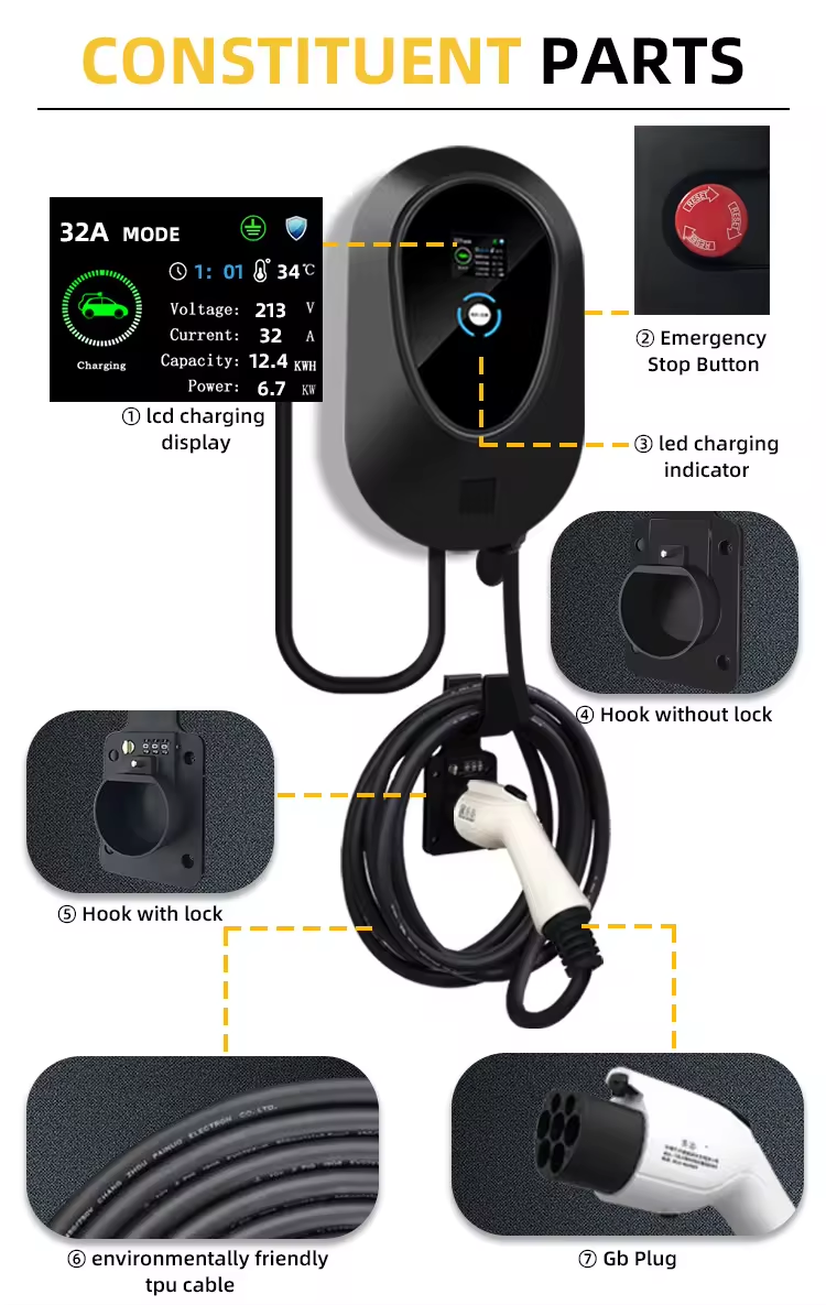 GBT Standard 7KW 32A Wallbox EV Charger Pile for Wall Mounted GBT AC Electric Vehicle