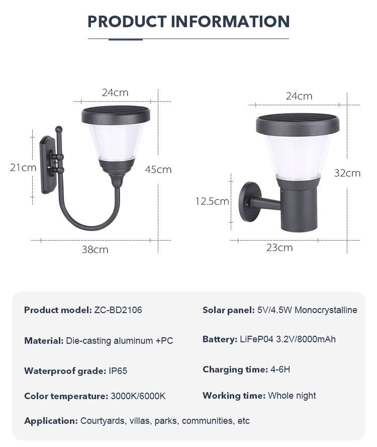 Black Die Casting Aluminum Wall Mounted Solar Lights Courtyard Wall Lamp IP65